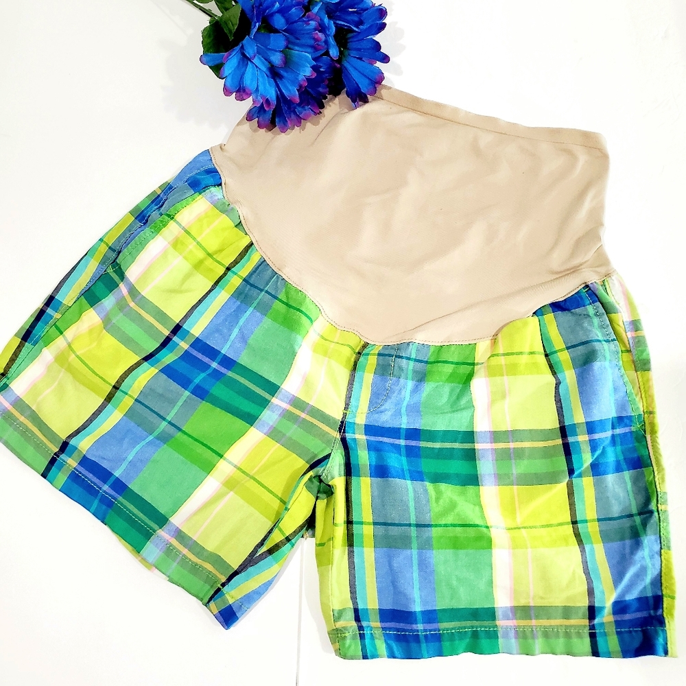 Old Navy Blue & Green Plaid Maternity Shorts Size 6 Maternity 100% Cotton